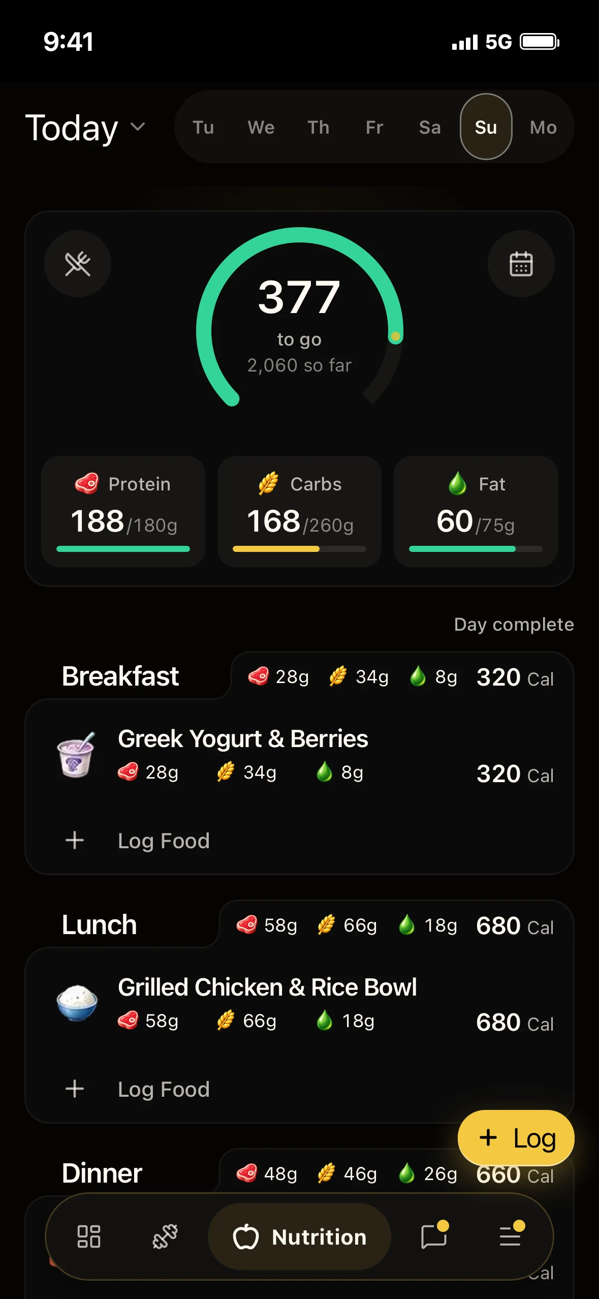 Daily macro targets tracked automatically from logged meals