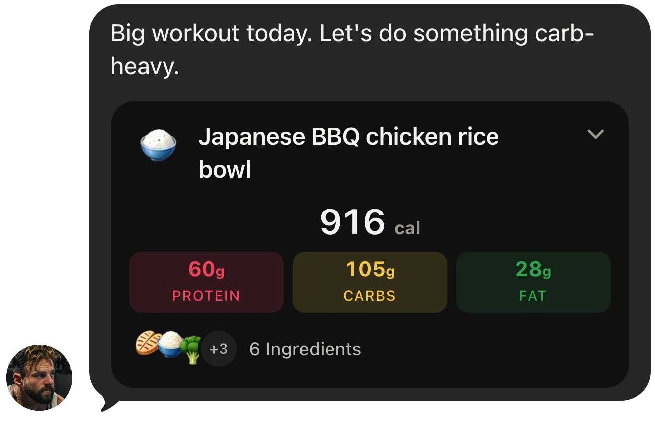Eric: Big workout today. Let's do something carb-heavy. Japanese BBQ chicken rice bowl: 916 calories, 60g protein, 105g carbs, 28g fat, 6 ingredients.